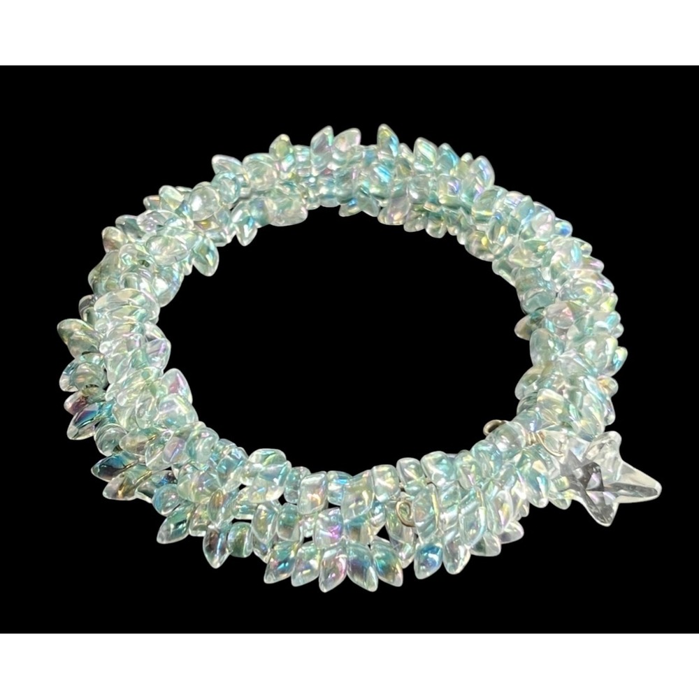 Vintage Wrap Coil Bangle Bracelet AB BLUE IRIDESCENT Bead Beaded Cluster Crytal